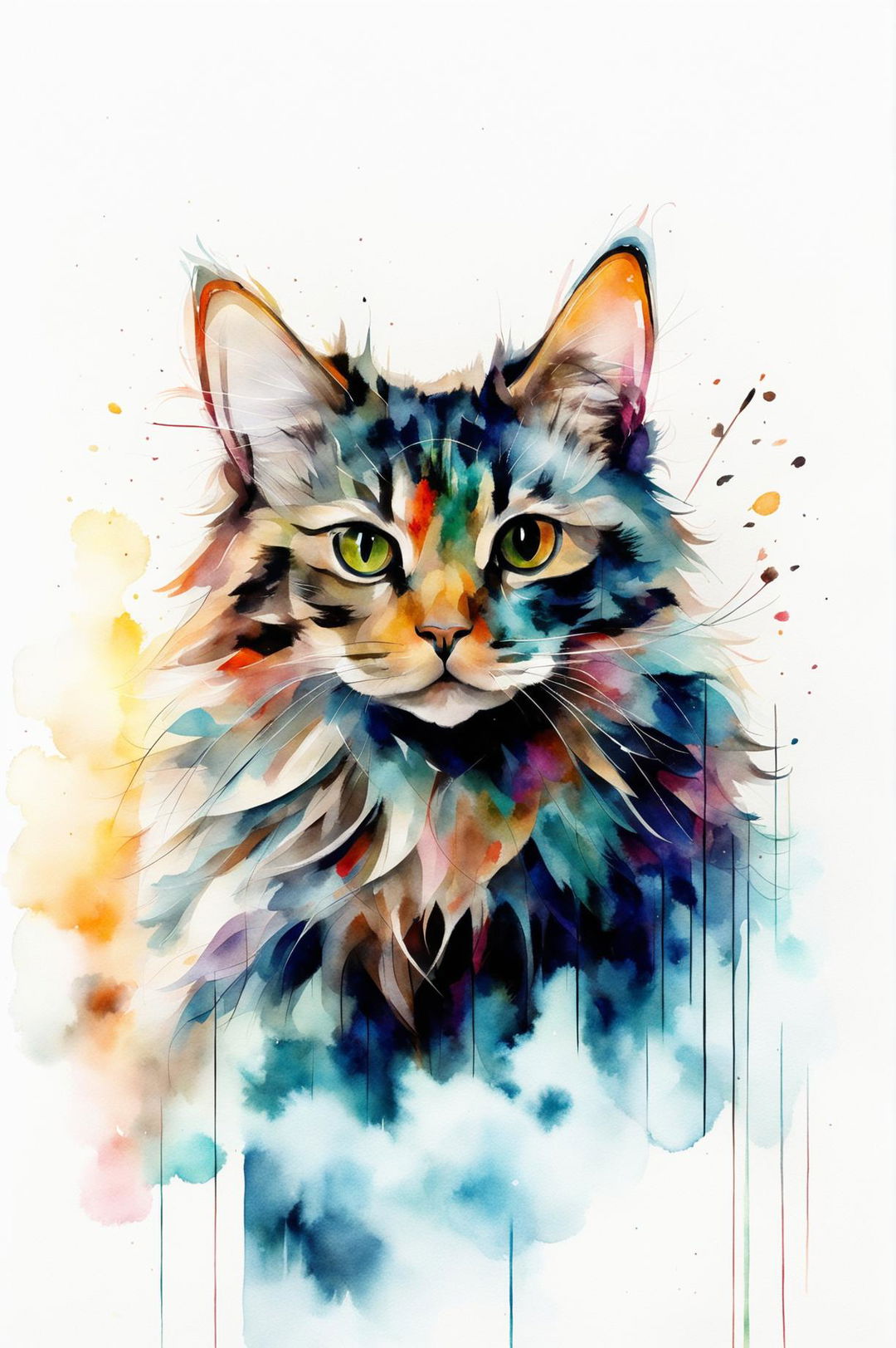 A distinct watercolour painting of a fluffy cat, with an abstract, lightly coloured background