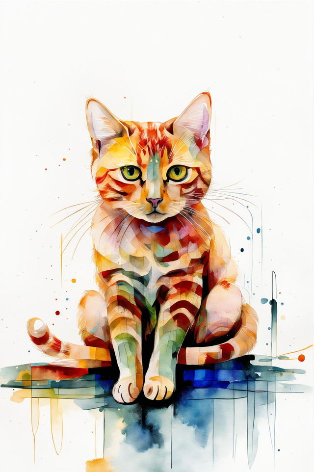 A watercolour painting of a unique ginger cat with a softly coloured, abstract background