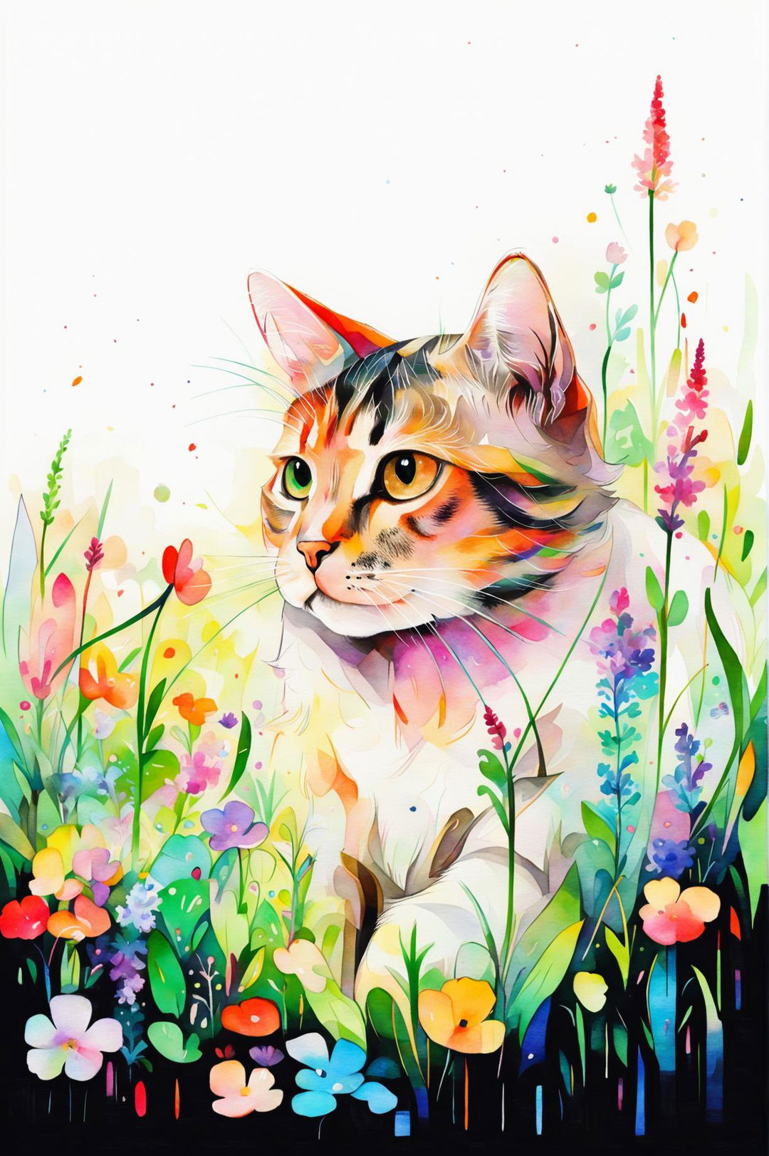 A unique watercolour painting of a cat in a vibrant field of flowers, capturing the serene and tranquil atmosphere of a sunny day