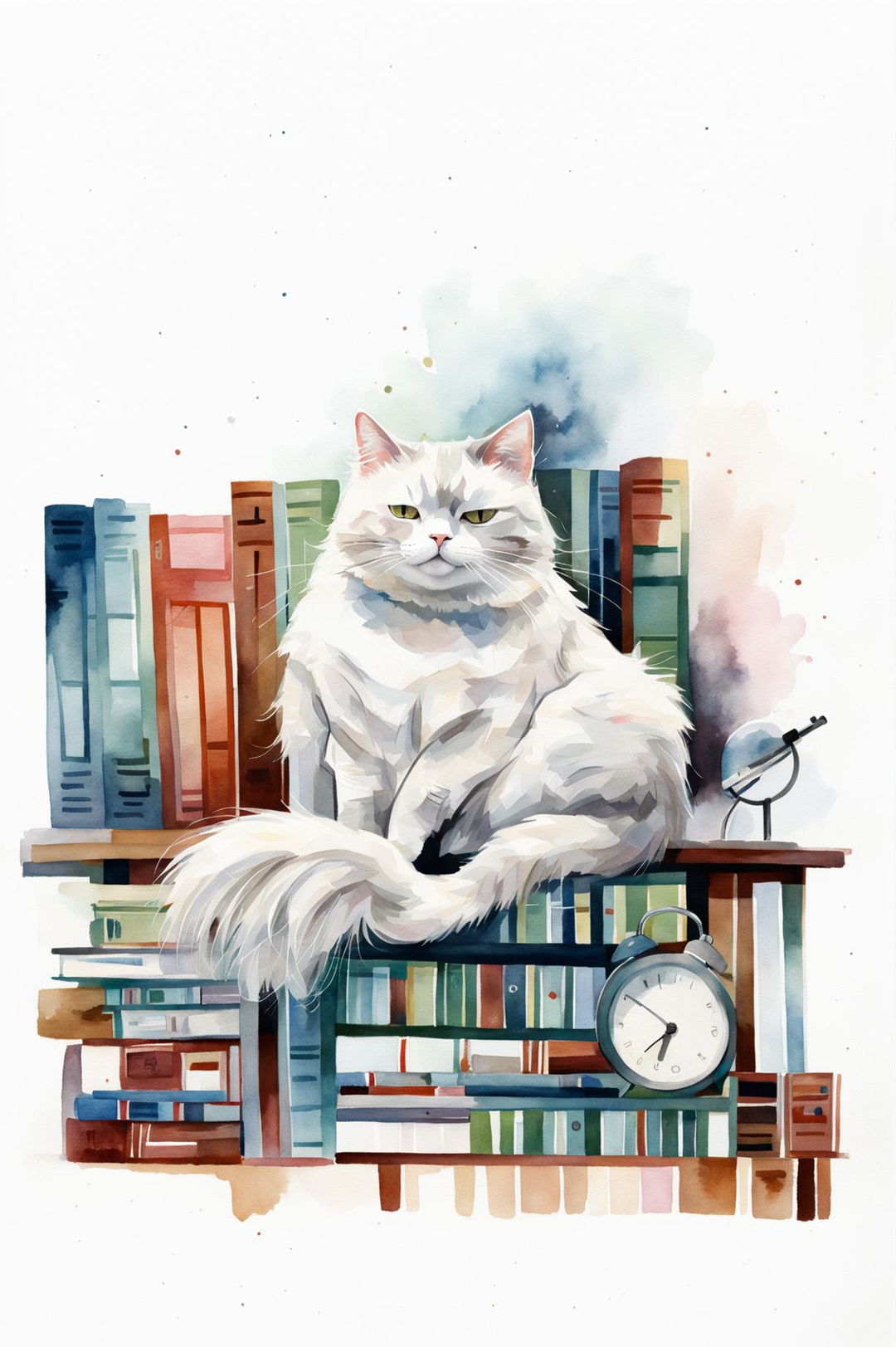 A unique watercolour painting of a fluffy white cat in a study, filled with elements like books and a desk, evoking a sense of calm and quiet