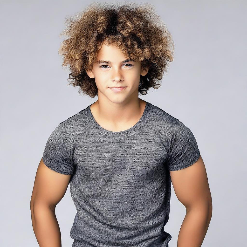 Generate an image of a muscular teenager with curly hair