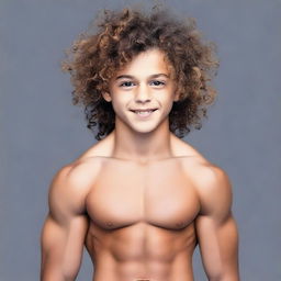 Generate an image of a muscular teenager with curly hair