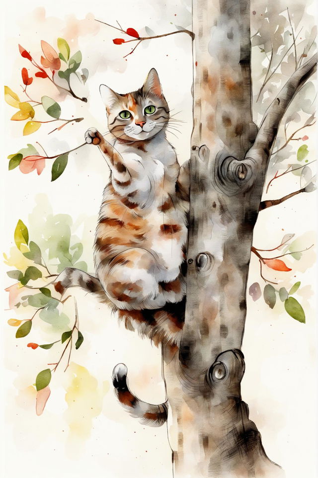 A watercolour painting of a different fluffy cat climbing a sturdy, leafy tree, set against a soft watercolour background