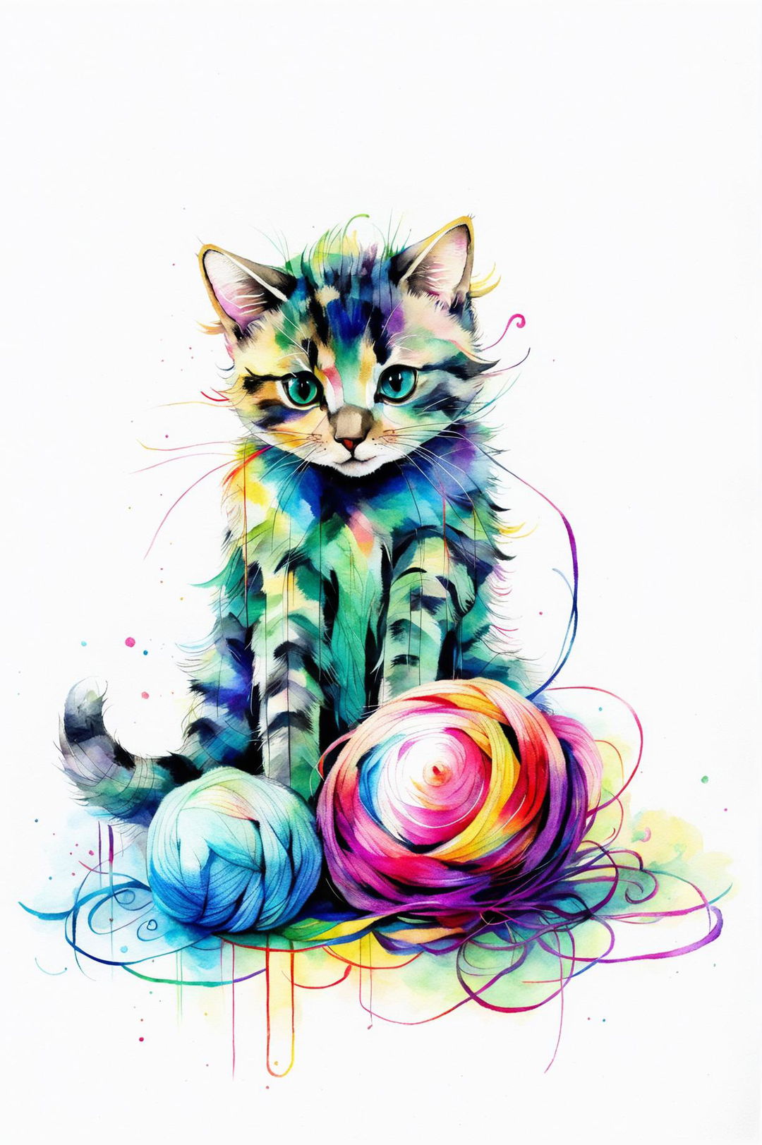 A watercolour painting of a different fluffy cat playing with a large, colourful ball of yarn, capturing the cat's playful spirit