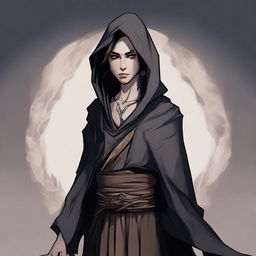 An androgynous, unarmed, unarmored human monk with dark hair and a slender body