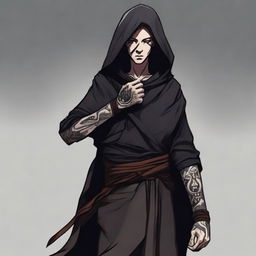 An androgynous, unarmed, unarmored human monk with dark hair and a slender body