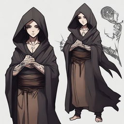 An androgynous, unarmed, unarmored human monk with dark hair and a slender body