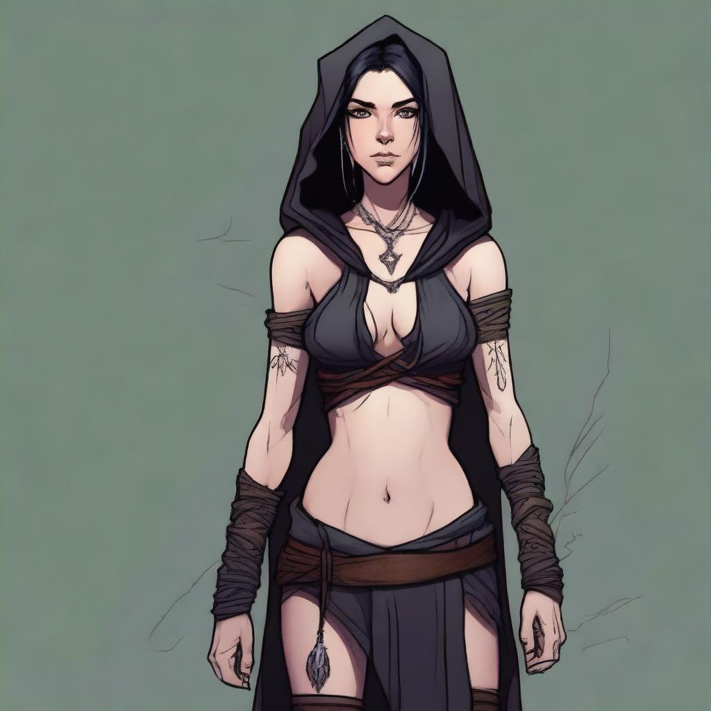 A full body digital painting in a graphic novel art style of a half-elf woman suitable for a Dungeons and Dragons setting