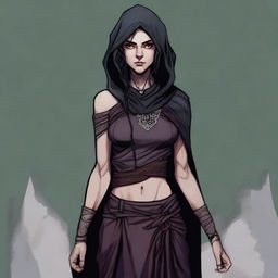 A full body digital painting in a graphic novel art style of a half-elf woman suitable for a Dungeons and Dragons setting