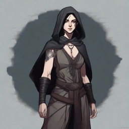 A full body digital painting in a graphic novel art style of a half-elf woman suitable for a Dungeons and Dragons setting