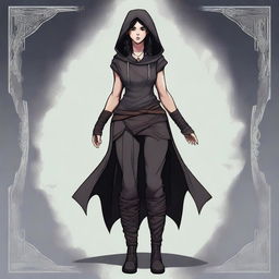 A full body digital painting in a graphic novel art style of a half-elf woman suitable for a Dungeons and Dragons setting