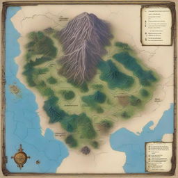 Generate a detailed map of a continent in the Dungeons and Dragons universe, including landmarks like mountains, forests, cities, and dungeons