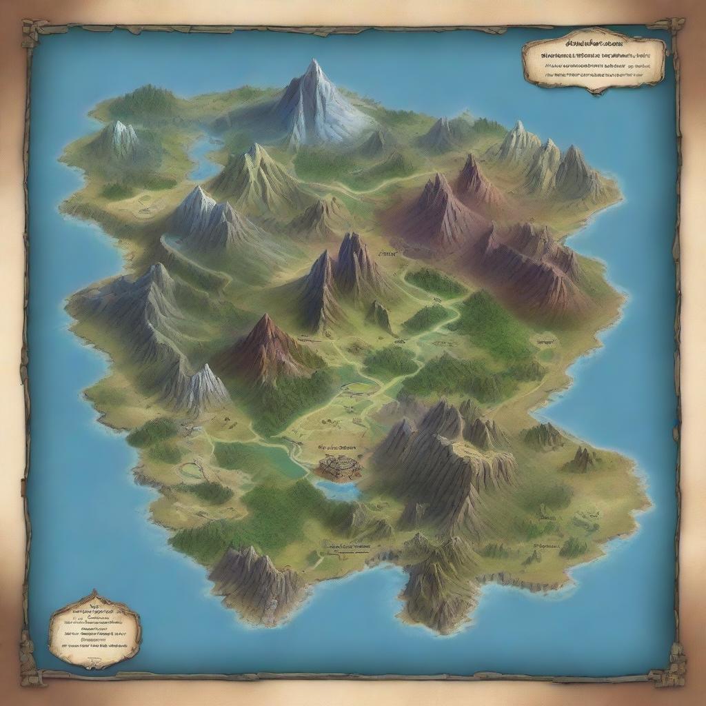 Generate a detailed map of a continent in the Dungeons and Dragons universe, including landmarks like mountains, forests, cities, and dungeons