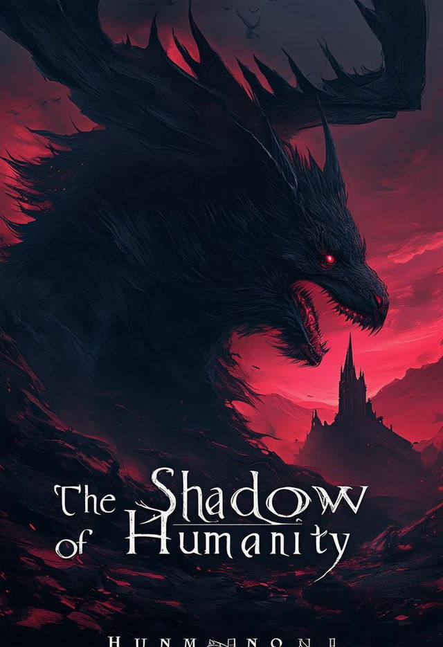 A request for an ultra high resolution artistic book cover for a dark fantasy novel titled "The Shadow of Humanity", featuring dark and ominous elements, and a bold title display