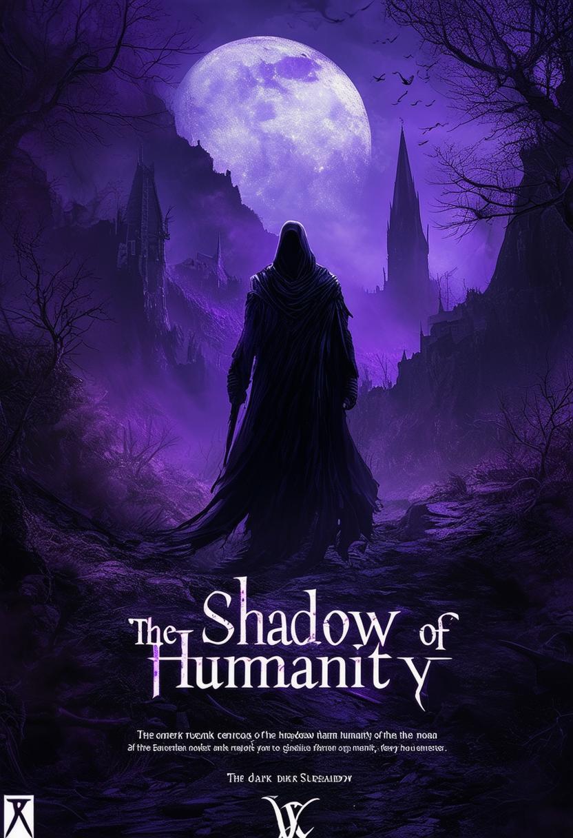 The task is to generate an ultra high resolution, artistic book cover for a dark fantasy novel titled "The Shadow of Humanity", incorporating dark, ominous elements and a bold title display