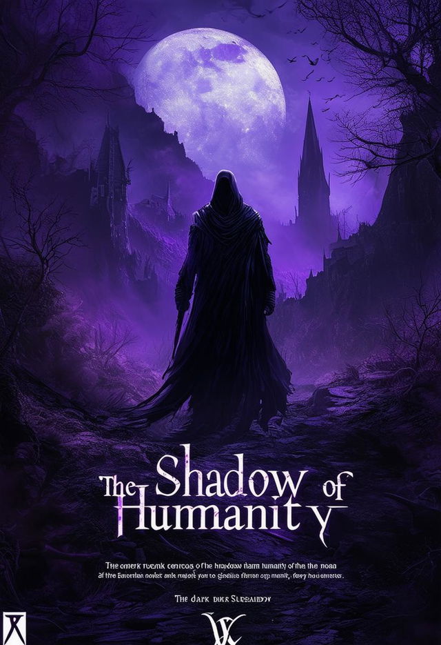 The task is to generate an ultra high resolution, artistic book cover for a dark fantasy novel titled "The Shadow of Humanity", incorporating dark, ominous elements and a bold title display