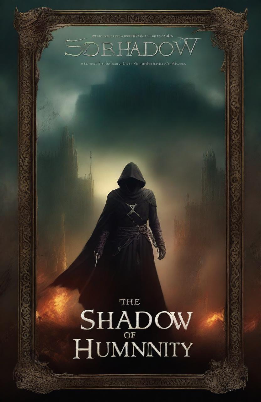 The request is for an ultra high resolution artistic book cover for a dark fantasy novel titled "The Shadow of Humanity", featuring elements of darkness and fantasy and a striking title display