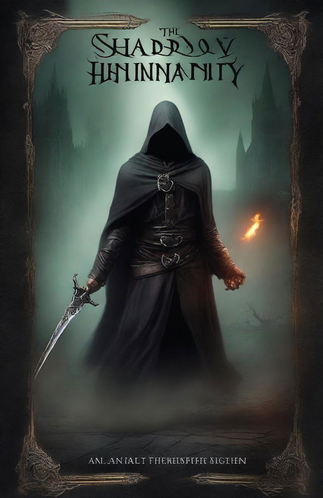 The request is for an ultra high resolution artistic book cover for a dark fantasy novel titled "The Shadow of Humanity", featuring elements of darkness and fantasy and a striking title display