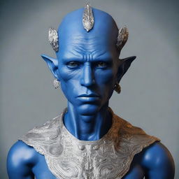 Generate an image of a Vedalken, a race of humanoid beings known for their blue skin and intellectual prowess.