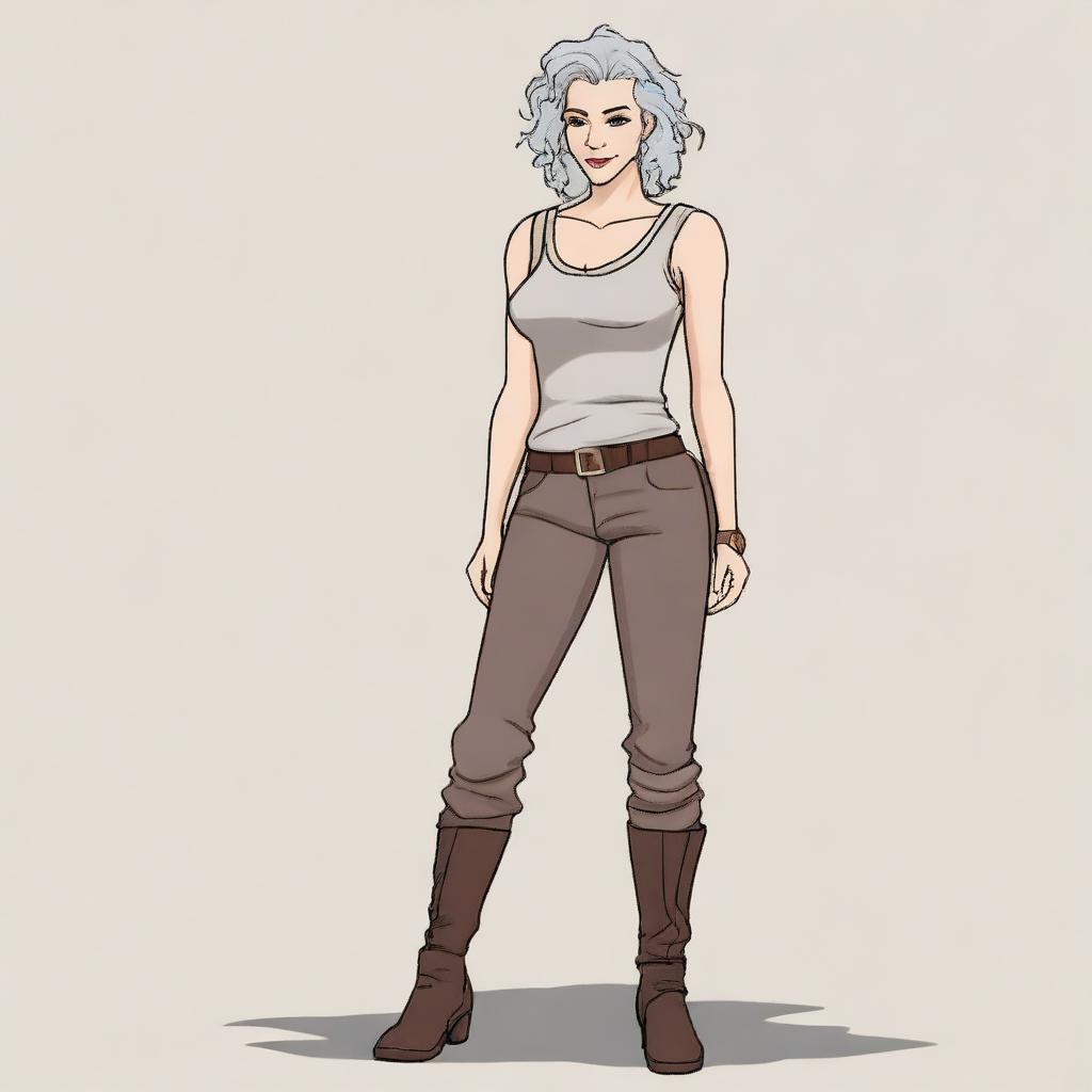 Create an image of a woman with grey hair featuring brown streaks