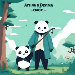 Design a book cover featuring a stylized anime man holding a bow, standing next to a panda