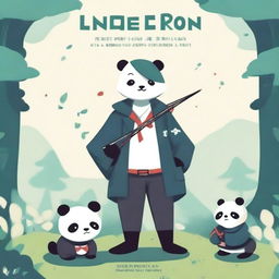 Design a book cover featuring a stylized anime man holding a bow, standing next to a panda