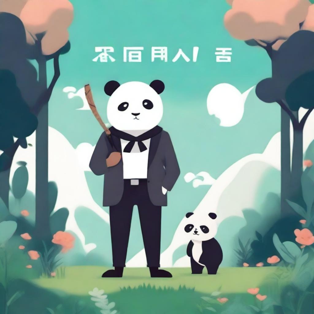 Design a book cover featuring a stylized anime man holding a bow, standing next to a panda