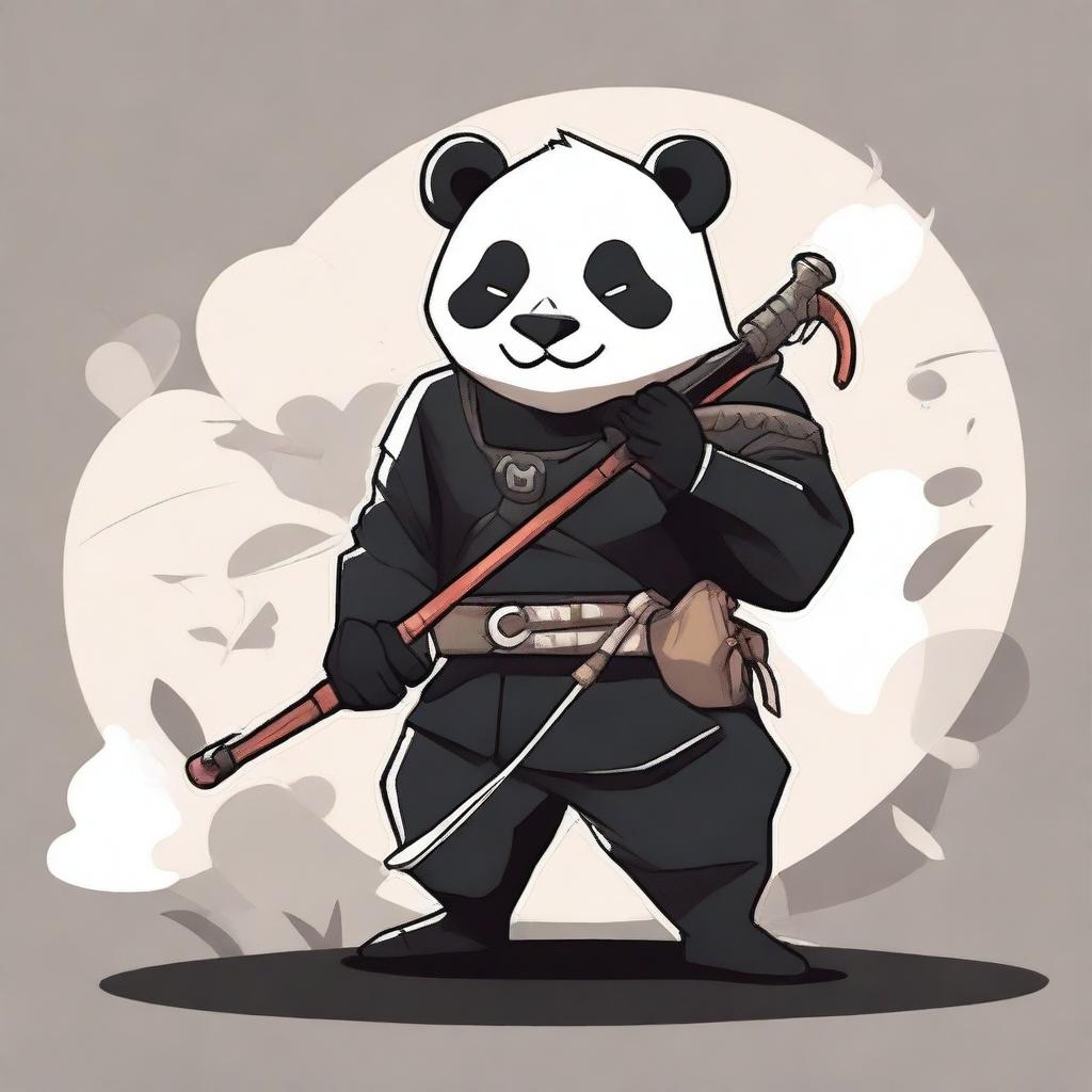 Create a Japanese anime style image of a man dressed in black armour holding a bow, with a small panda on his shoulder