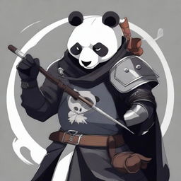 Create a Japanese anime style image of a man dressed in black armour holding a bow, with a small panda on his shoulder