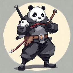 Create a Japanese anime style image of a man dressed in black armour holding a bow, with a small panda on his shoulder