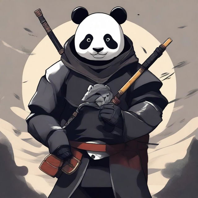 Create a Japanese anime style image of a man dressed in black armour holding a bow, with a small panda on his shoulder