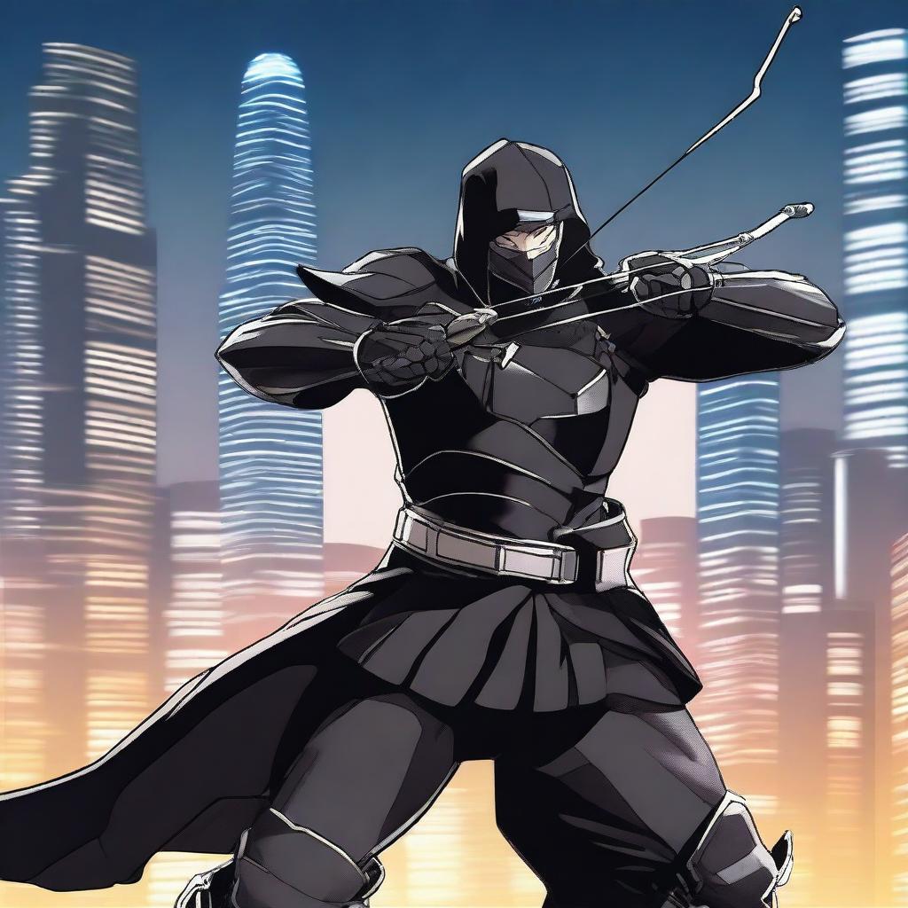 Generate a Japanese anime style image of a man dressed in black armour, actively shooting a bow