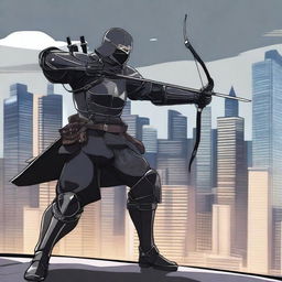 Generate a Japanese anime style image of a man dressed in black armour, actively shooting a bow