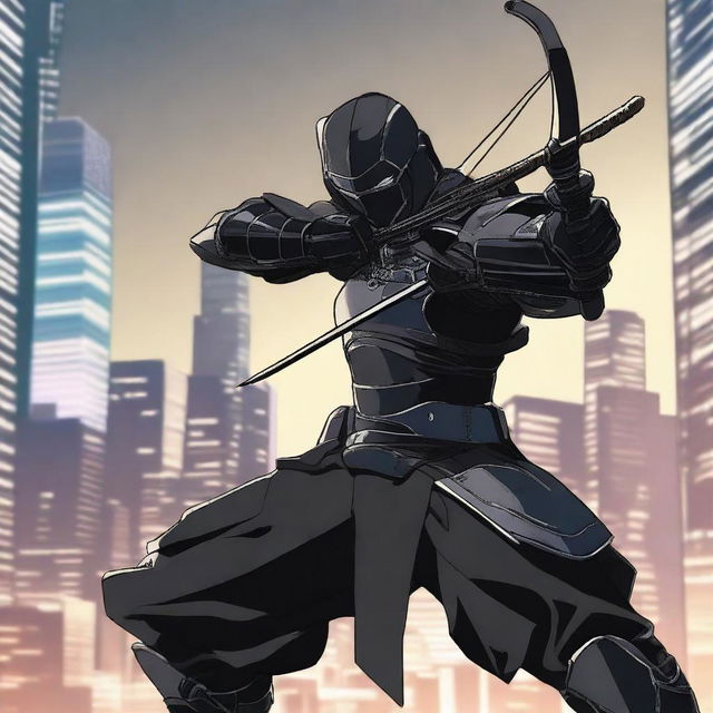 Generate a Japanese anime style image of a man dressed in black armour, actively shooting a bow