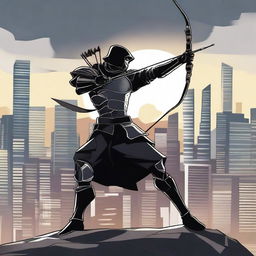 Generate a Japanese anime style image of a man dressed in black armour, actively shooting a bow