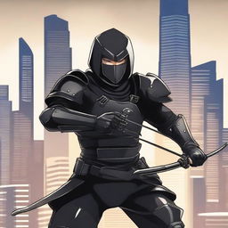 Design a book cover with a Japanese anime style image of a man dressed in black armour, actively shooting a bow