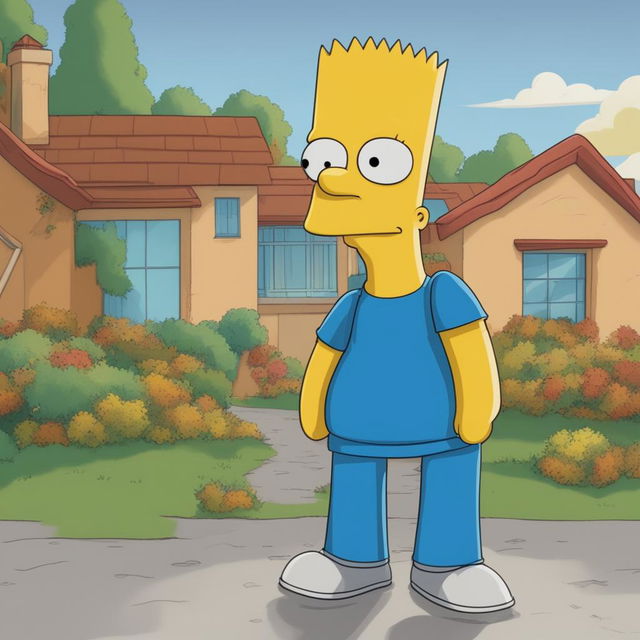 This is a request for an image of Bart Simpson from The Simpsons, crying and looking visibly upset, with a simple background of the Simpson's house