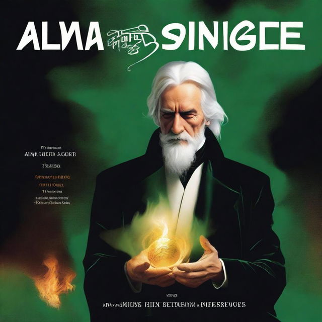 Generate a detailed book cover featuring a man with white hair sitting in a mysterious green fire background