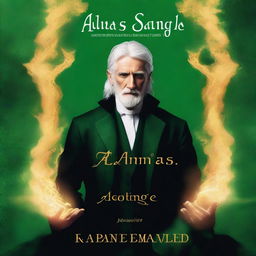 Generate a detailed book cover featuring a man with white hair sitting in a mysterious green fire background