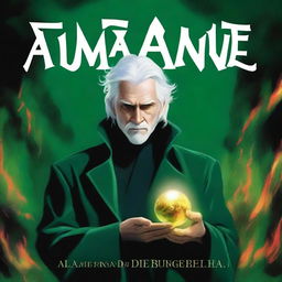 Generate a detailed book cover featuring a man with white hair sitting in a mysterious green fire background