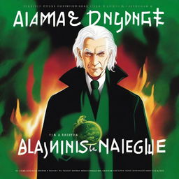 Create an image of a man with white hair sitting in a mysterious green fire background