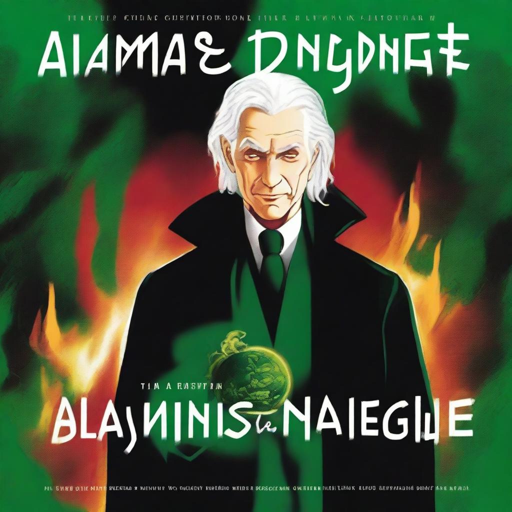 Create an image of a man with white hair sitting in a mysterious green fire background
