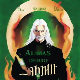 Create an image of a man with white hair sitting in a mysterious green fire background