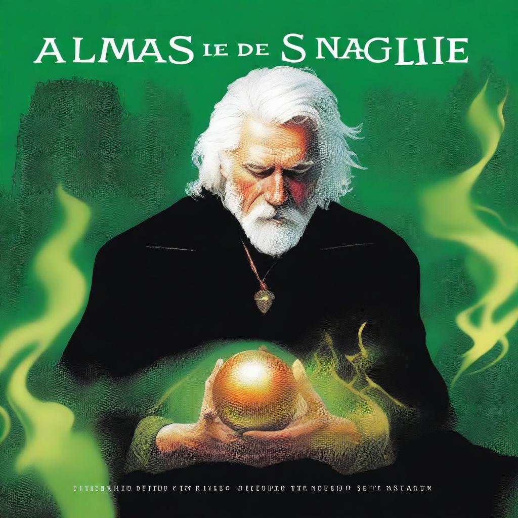 Create an image of a man with white hair sitting in a mysterious green fire background