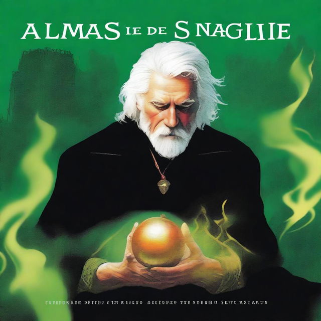 Create an image of a man with white hair sitting in a mysterious green fire background
