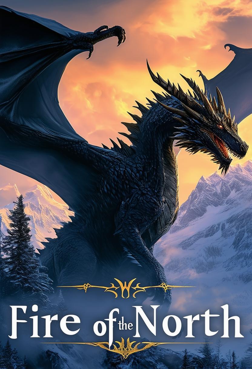 A fantasy book cover design for 'Fire of the North', featuring a grand black dragon in a northern landscape