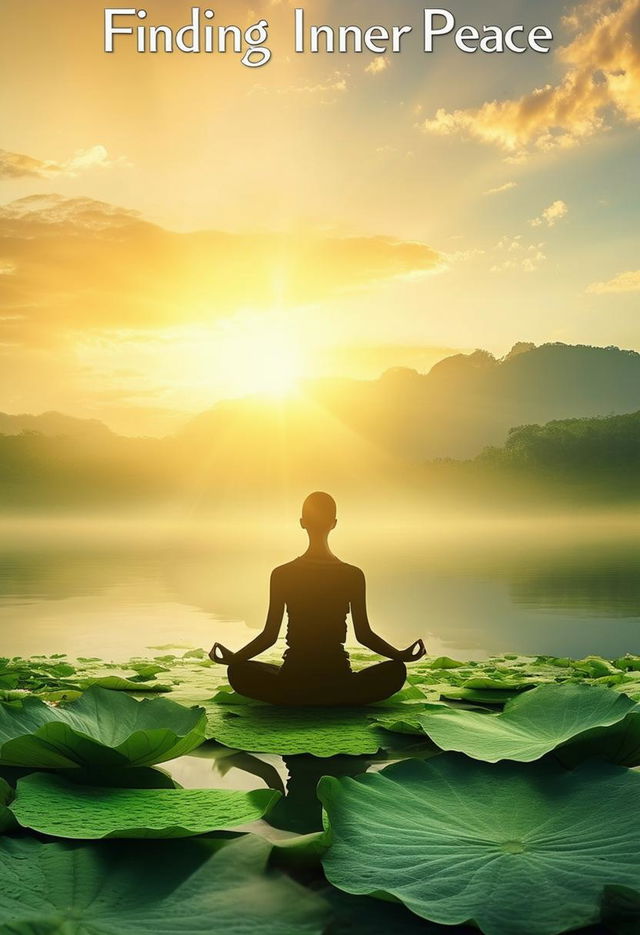 A serene and peaceful image for a spiritual meditation book cover titled 'Finding Inner Peace', featuring a distant figure meditating on a lotus leaf