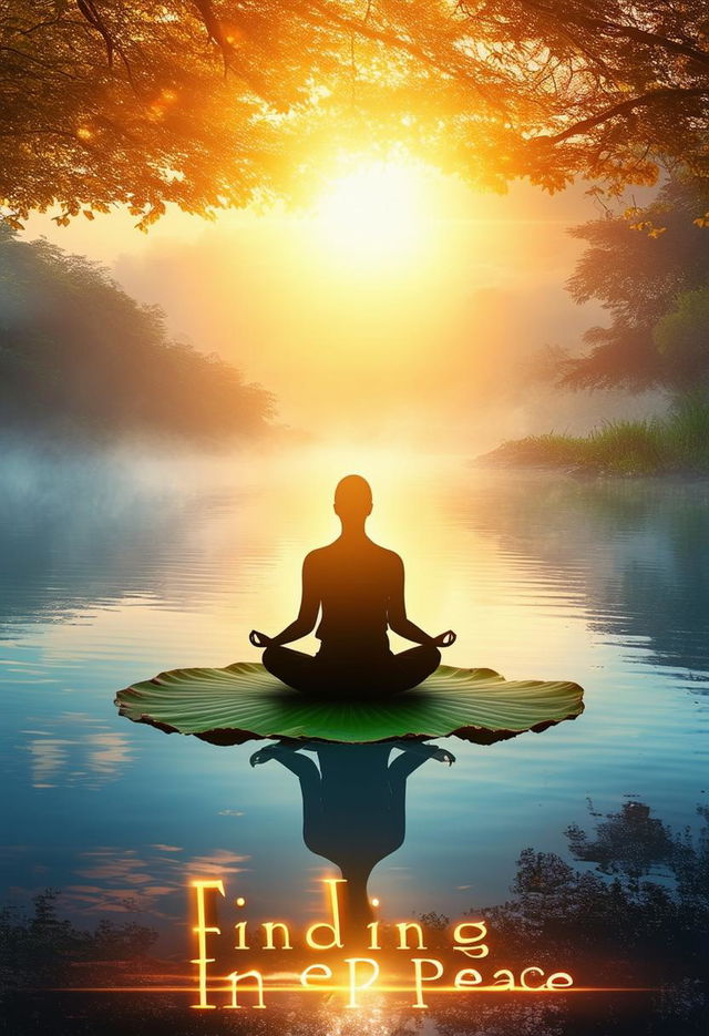 An image for a spiritual meditation book cover titled 'Finding Inner Peace', featuring a serene scene with a distant figure meditating on a lotus leaf