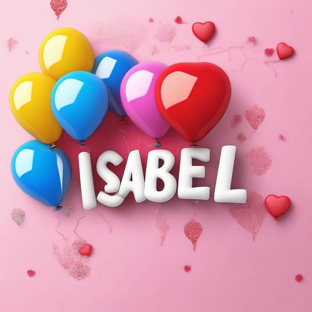 Generate an image featuring the name 'Isabel' embellished with a heart and surrounded by balloons.