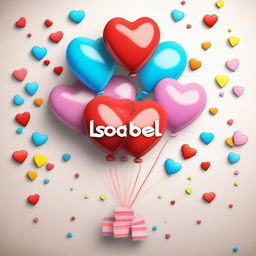 Generate an image featuring the name 'Isabel' embellished with a heart and surrounded by balloons.